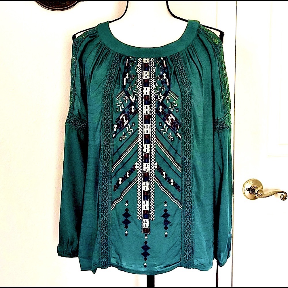 NEW Knox Rose Teal Green SW Boho Cold Shoulder Embroidered Button Top X-Small